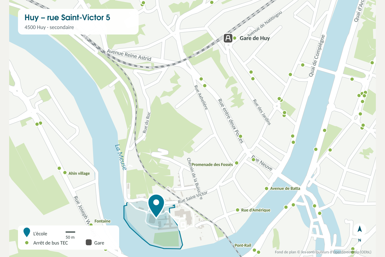 Plan d’accès à l’implantation de Huy, rue Saint-Victor 5, avec la gare et les arrêts de bus TEC