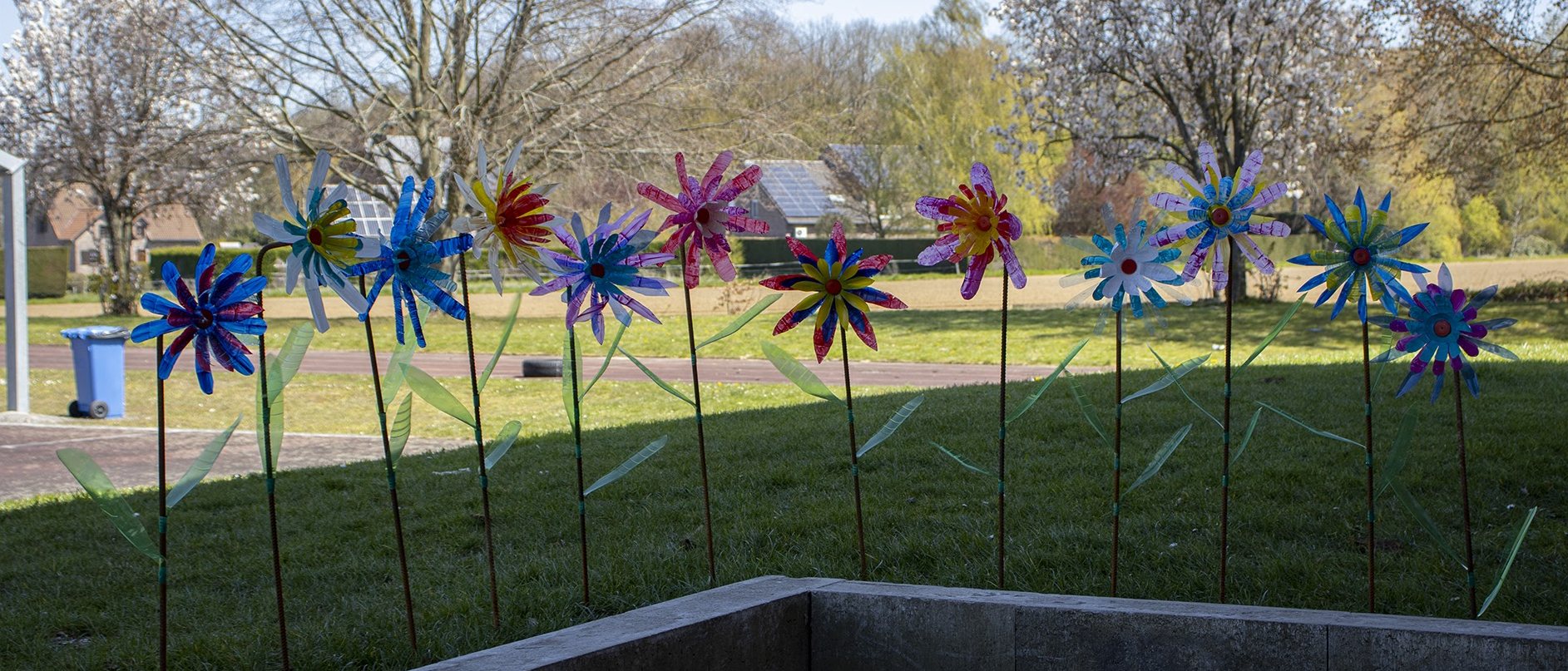 Fleurs géantes en bouteilles recyclées plantées sur la pelouse