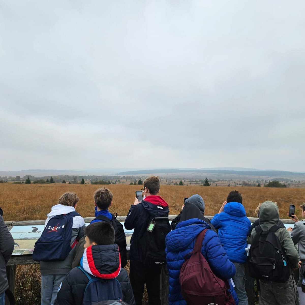 Élèves de dos face au paysage des Hautes Fagnes