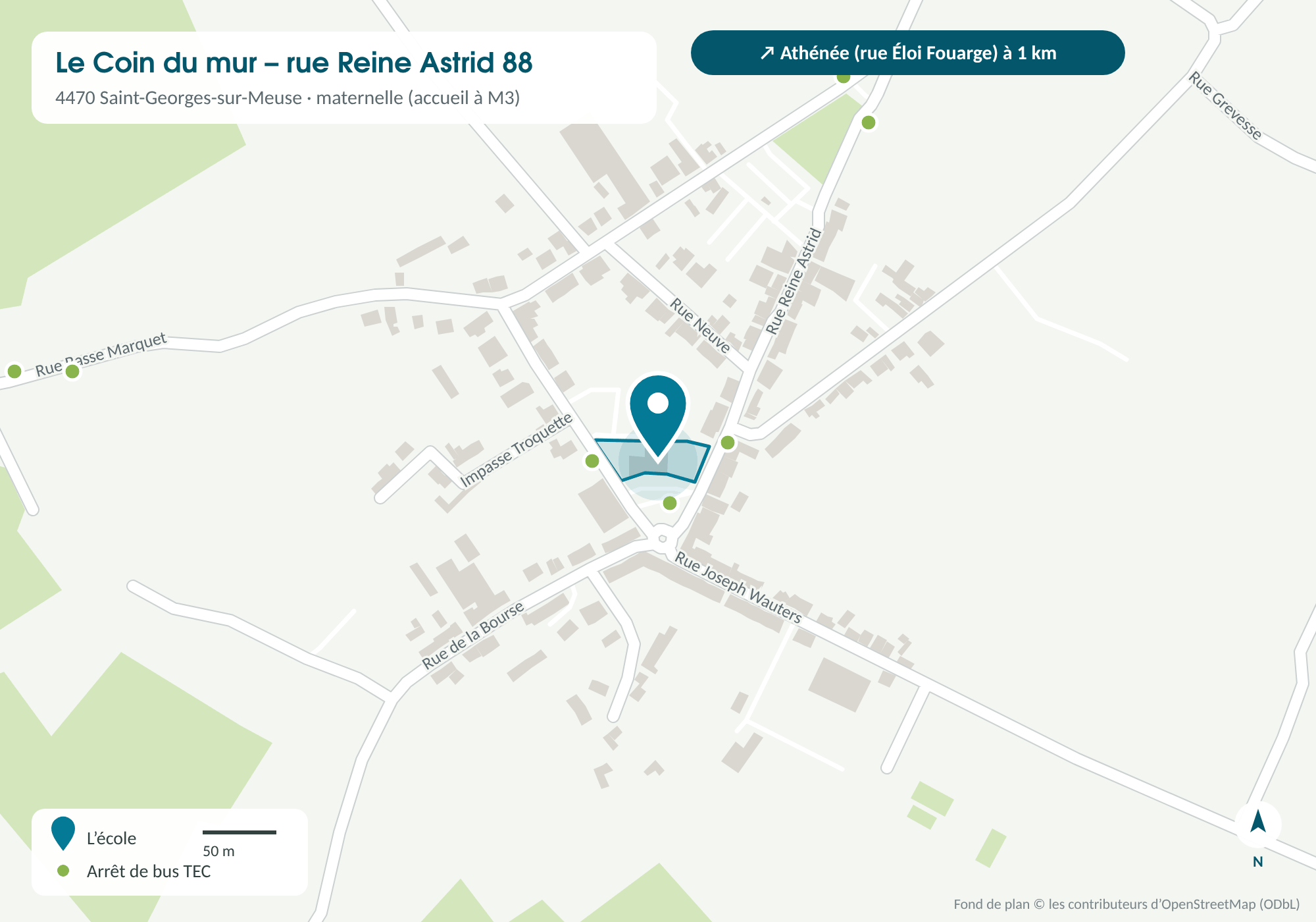 Plan d’accès à l’école maternelle du Coin du mur, rue Reine Astrid 88