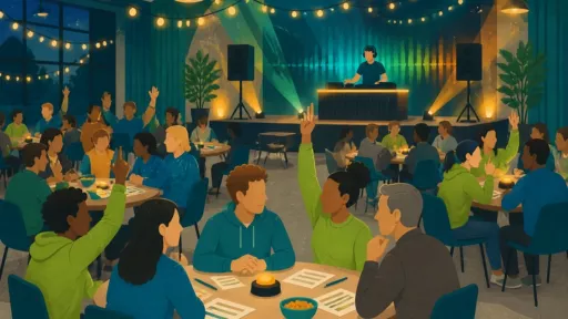 Illustration : équipes réunies autour de tables lors d'une soirée blind test animée par un DJ