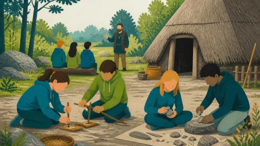 Illustration : des élèves allument un feu et taillent le silex près d'une hutte préhistorique