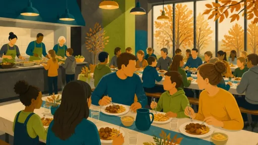 Illustration : familles et élèves partageant un souper boulets dans une salle décorée aux couleurs de l'automne