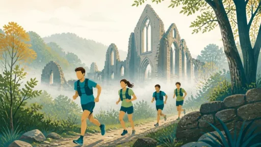 Illustration : des coureurs passent devant les ruines d'une abbaye sur un sentier de trail