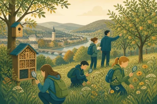 Illustration : des élèves observent les insectes dans un verger fleuri au-dessus de la Meuse