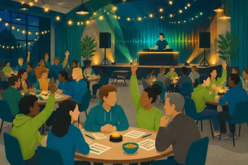 Illustration : équipes réunies autour de tables lors d'une soirée blind test animée par un DJ