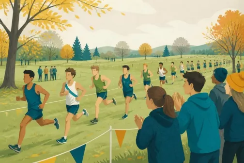 Illustration : des élèves courent un cross sur une prairie balisée, en automne