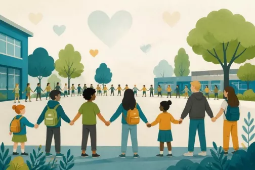 Illustration : des élèves de tous âges forment une chaîne en se tenant la main dans la cour