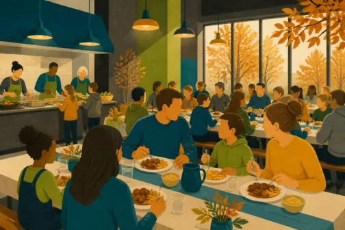 Illustration : familles et élèves partageant un souper boulets dans une salle décorée aux couleurs de l'automne